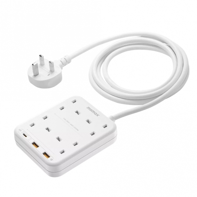 OnePlug 4 Outlet Extension Plug Socket Power Strip USB-C & 2x USB, White