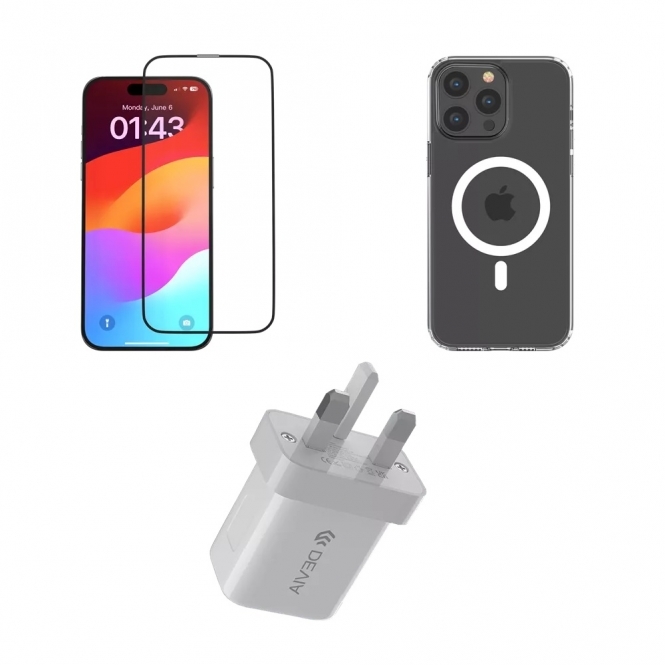 Devia iPhone 16 Tempered Glass Screen Protector, Power Delivery USB-C Plug, Compatible Case, MagSafe Starter Pack