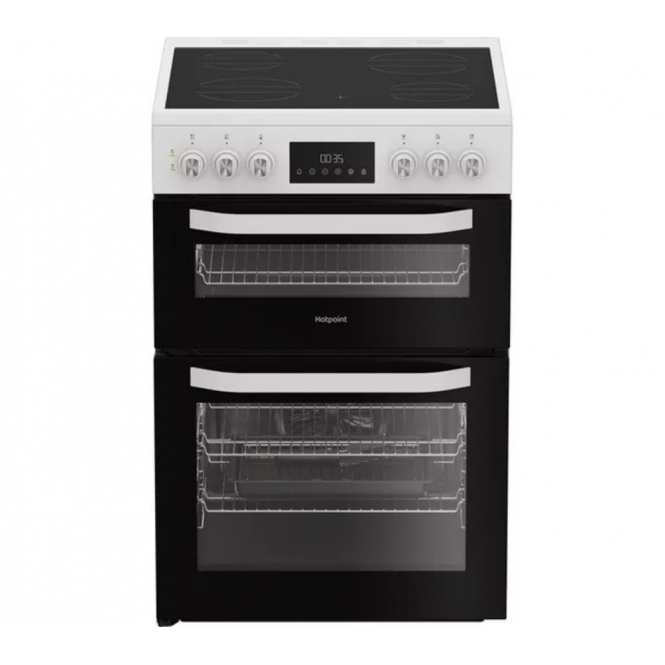 Hotpoint HDE6VDW 60cm Electric Cooker with Double Oven, Ceramic Hob, Multiflow, White