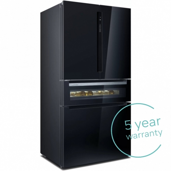 Siemens KF96RSBEA iQ700 E Energy Rating, Frost Free, 572L Non Plumbed French Door Fridge Freezer with Integrated Bottle Drawer, Black Glass