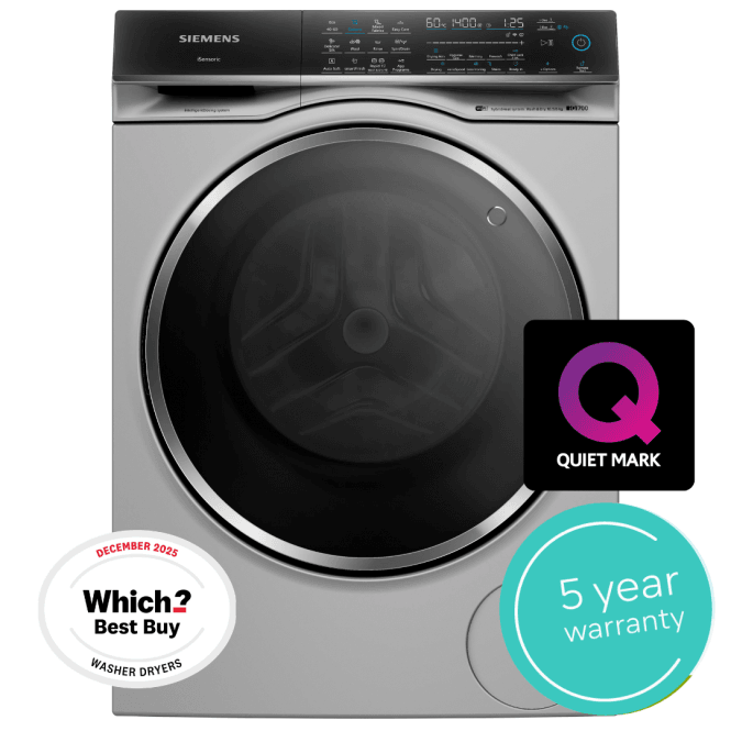 Siemens WN54C2ATGB iQ700 10.5kg Wash, 6kg Dry Load, 1400rpm, D Energy Rating, Freestanding Washer Dryer, Grey
