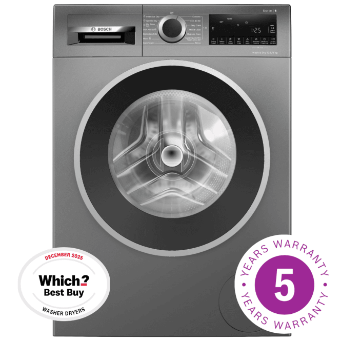 Bosch WNG254R1GB Series 6, 10.5kg Wash, 6kg Dry Load, 1400rpm, D Energy Rating, Freestanding Washer Dryer, Cast Iron Grey
